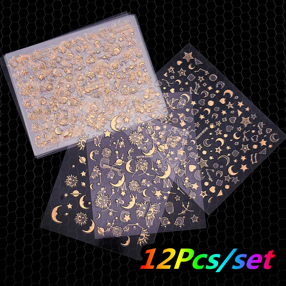 12Pcs/set Laser Silver Snowflake Nail Stickers Set  3D Winter Elk Snowflake Nail Art Decoration DIY Holographic Snowflake Slider