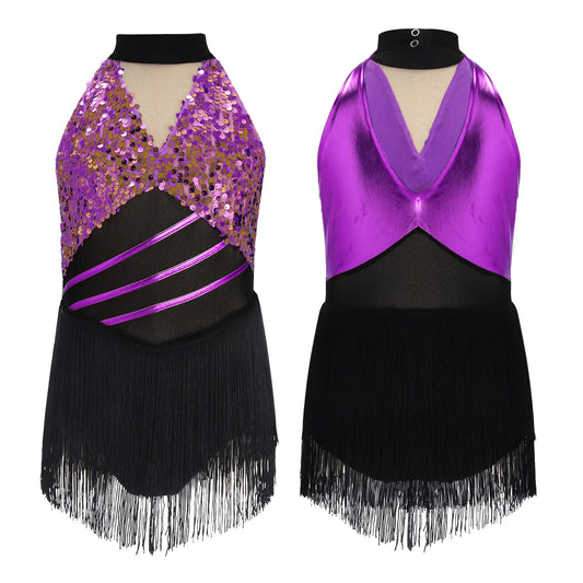 Girls sequin mesh tassel cha-cha leotard dress