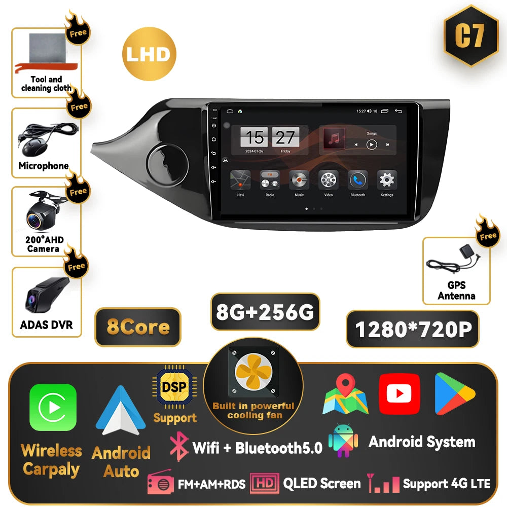 Android 15 Carplay For Kia CEED 2 JD 2012 - 2018 Car Radio Stereo Multimidia Player GPS Bluetooth DSP 2din Stereo QLED Screen