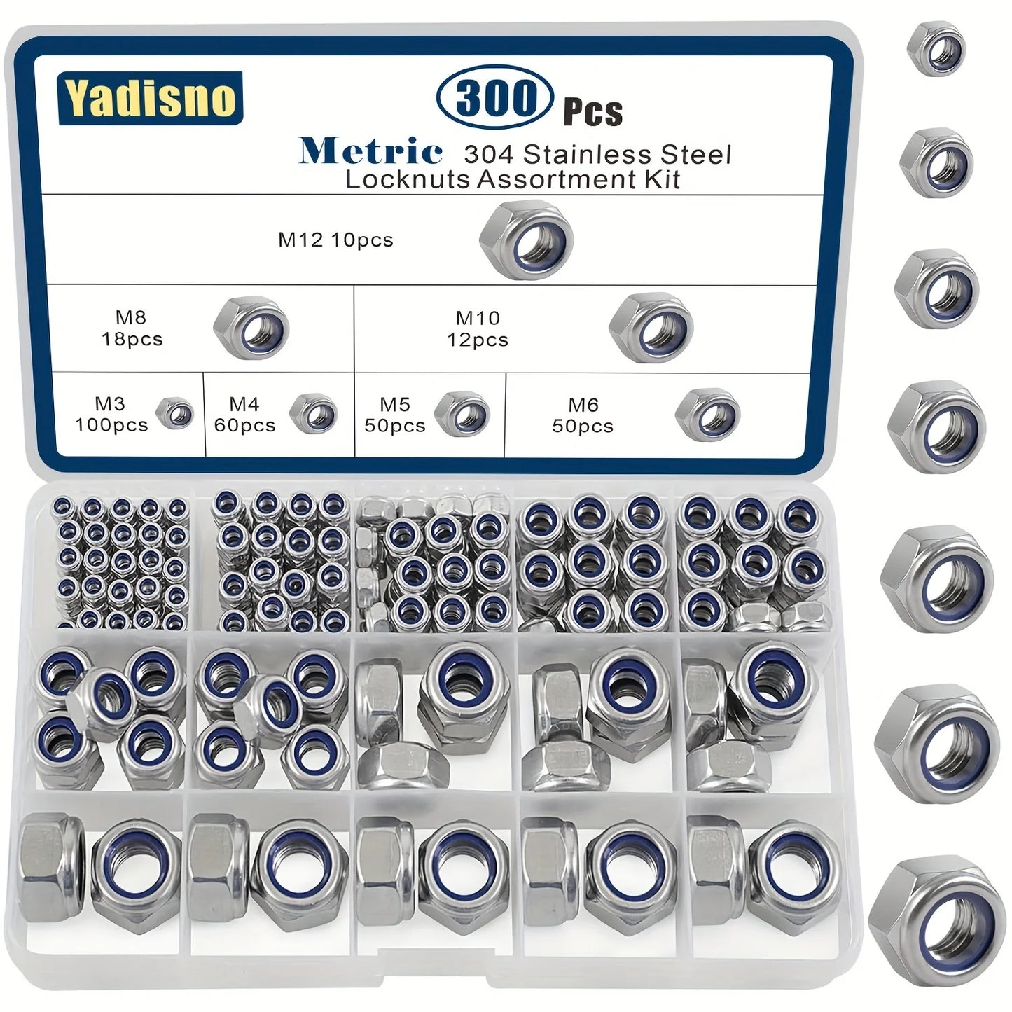 188/230/300pcs 304 Stainless Steel Lock Nut Assortment Kit  Metric Nylon Insert Locknut M3 M4 M5 M6 M8 M10 M12