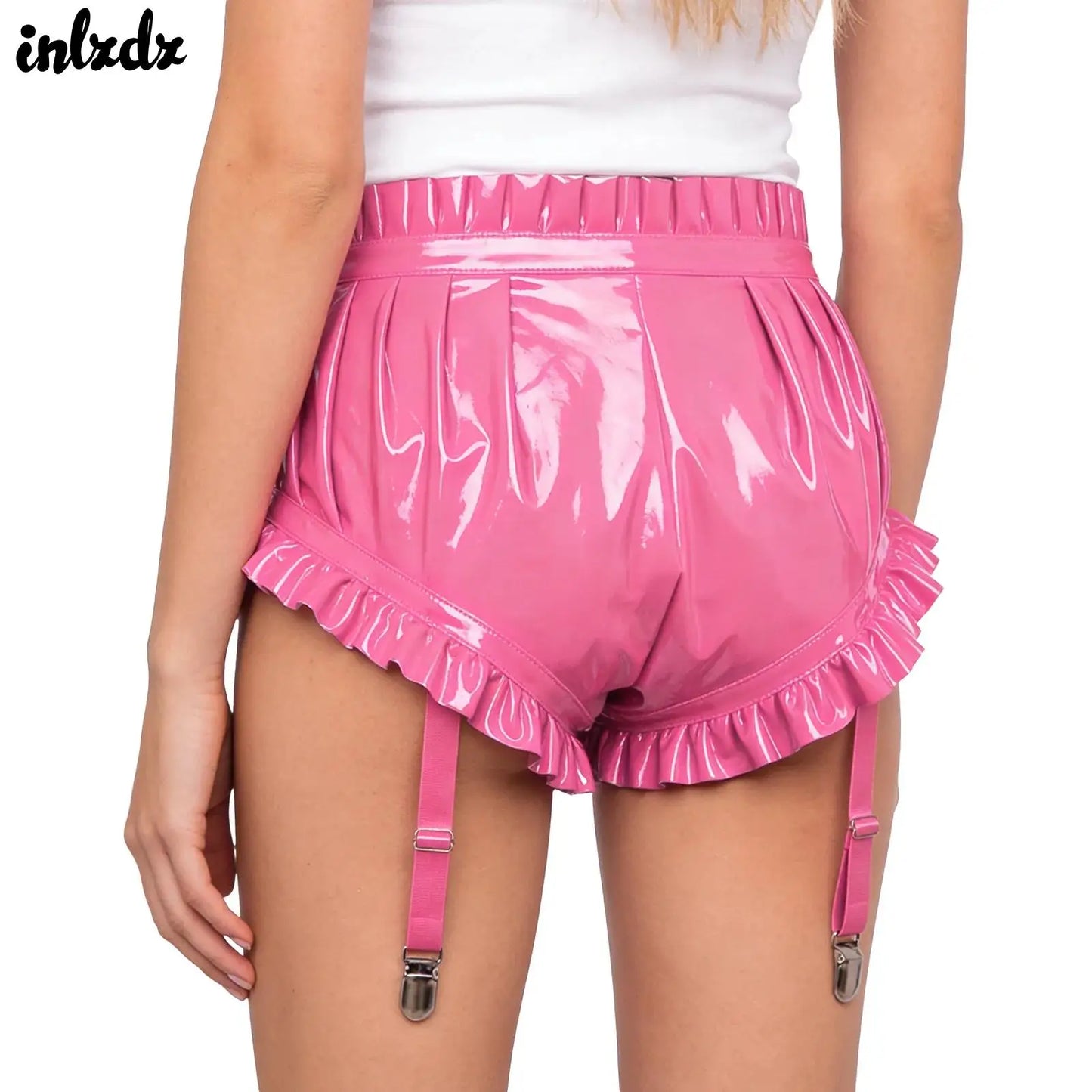 Womens Wet Look Lingerie Latex Shorts Patent Leather Ruffle Trim with Garter Clips Ruched Bloomer Shorts Glossy Rave Clubwear