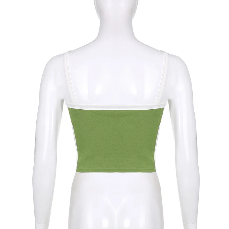 2026 Summer Casual Cami Backless Y2k Vintage Tank Top WomenSleeveless Knitted Crop Tops Green Sexy Basic Patchwork