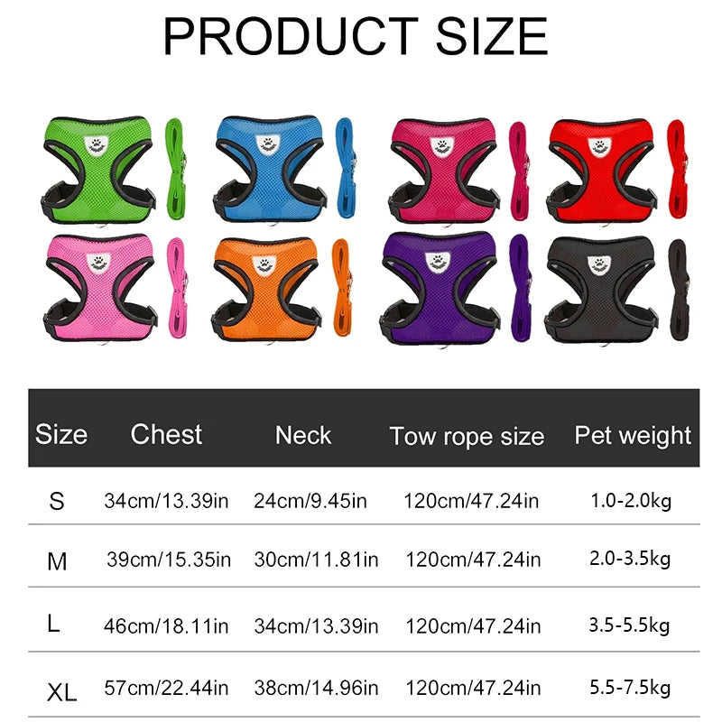 Adjustable Mesh Harness and Leash for Small Dogs and Cats, Reflective