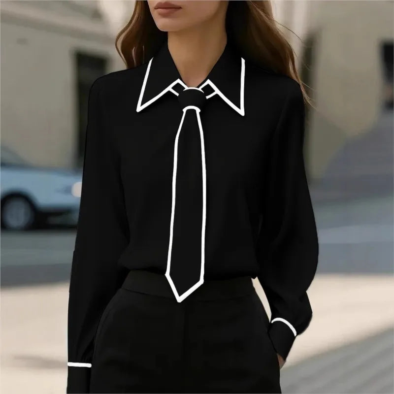 Women's Bow Tie Office Blouse - Long Sleeve Contrast Trim Shirt - photo 4