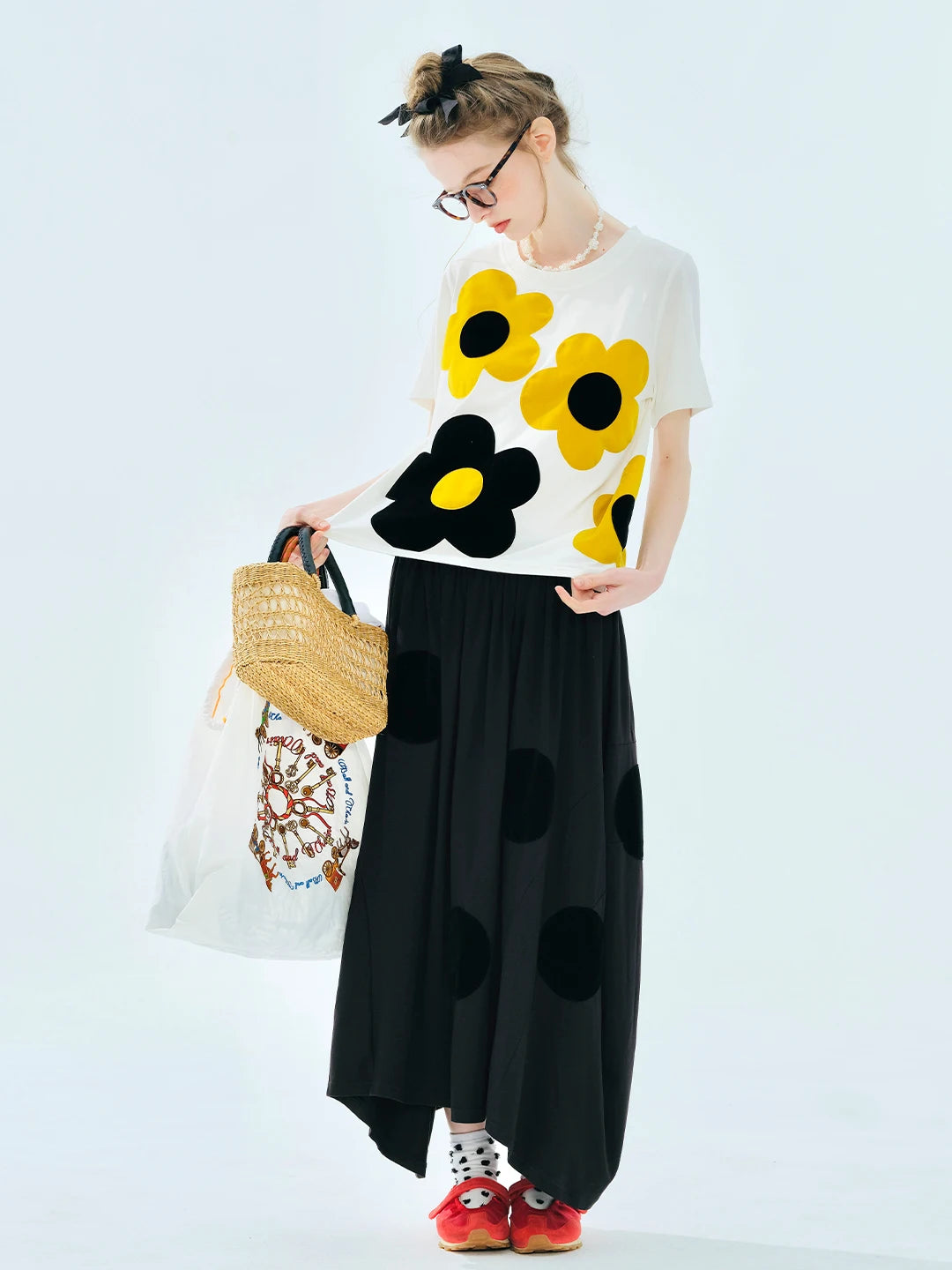 Leisure imakokoni 2025 Summer Cotton Knitted Heavy duty Patchwork Loose Round Neck T-shirt 255103