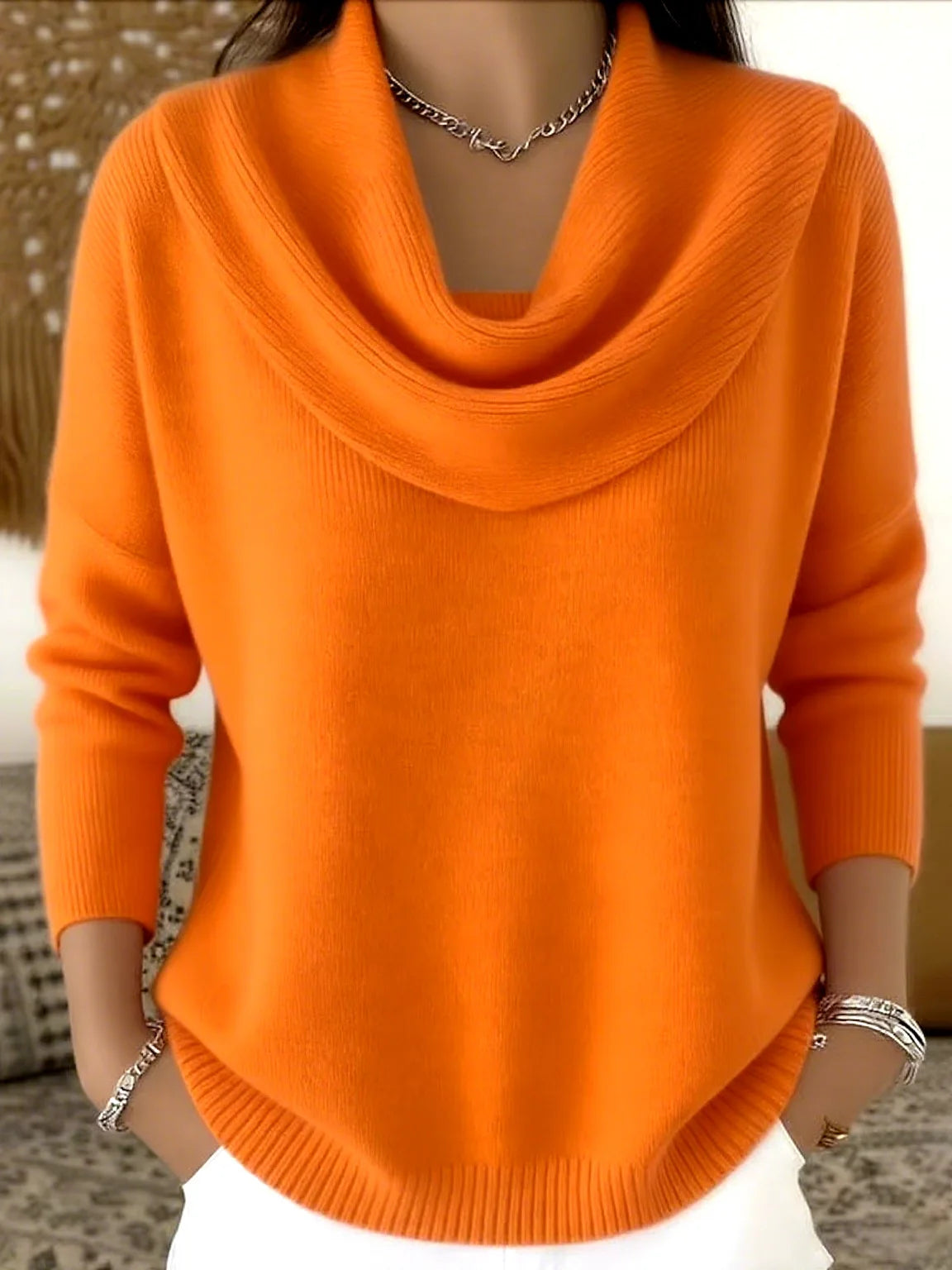 Women's draped neck pullover sweater, soft knit long sleeve