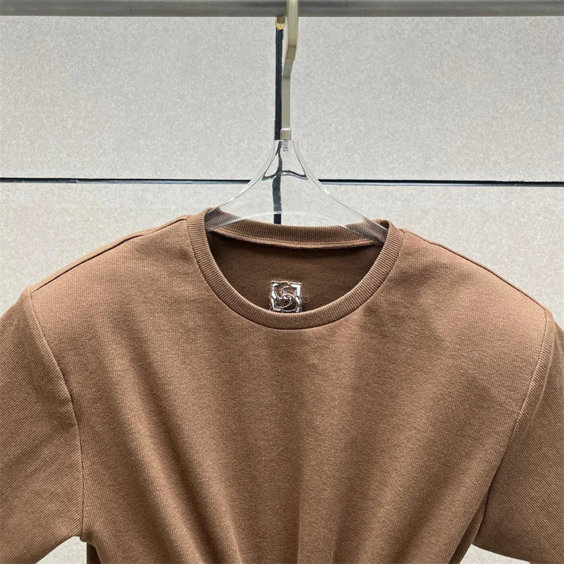 Women's t-shirt 2026 summer New elastic knitted short sleeved top 3D flower decorated round neck pullover pure cotton crop top
