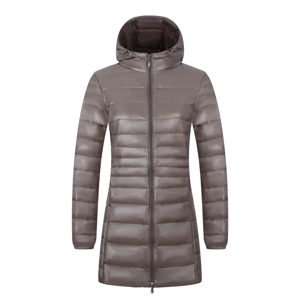 Women's Long Puffer Coat with Storage Bag - Light Hip-Length Jacket - photo 15