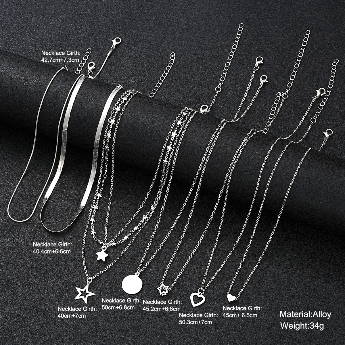 9 Pc Layered Choker Necklace Set for Women - Heart & Star Pendants