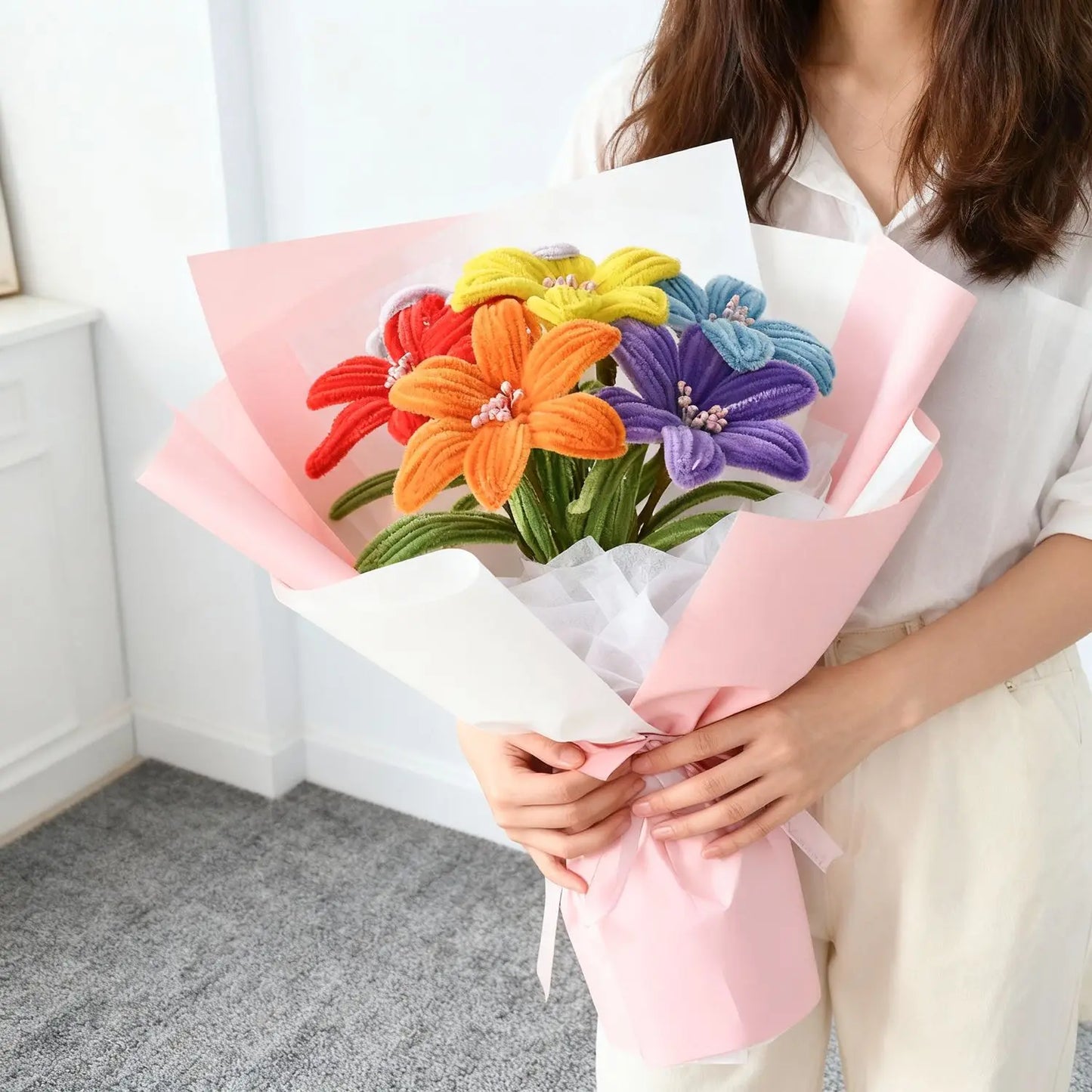 5Pcs Lily DIY Flower Calla Chenille Stems Fluffy Wire Pipe Cleaners Twist Stick Children Educational Toys Creative Handcraft