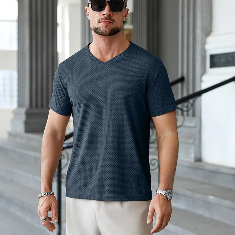 Men's Ice-Silk V-Neck Tee - Jacquard Quick-Dry, Casual Daily Wear