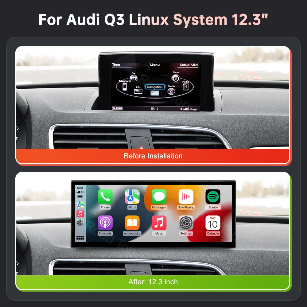 12.3" Wireless CarPlay & Android Auto Display Screen, Compatible with Audi A1 & Q3 (2012-2018)