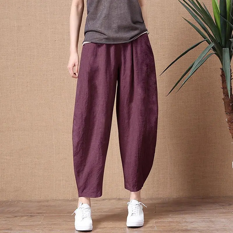 Loose Wide Leg Cotton Linen Pants High Waist Nine Points Women's plus Size Summer New Sle Casual Trousers Versatile Loose Fit