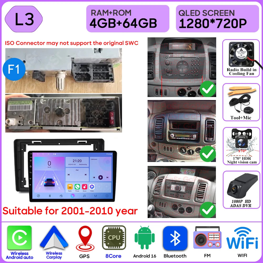 Car Stereo with Apple CarPlay & Android Auto, Compatible with Renault Trafic 2, Opel Vivaro A & Nissan Primastar