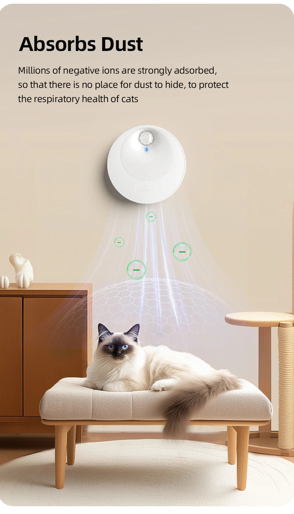 ROJECO Smart Cat Odor Purifier 4000mAh Cat Odor Deodoriser For Cat Litter Box Automatic Pet Toilet Smell Deodorant Purifier