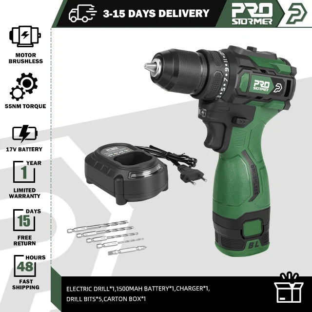 17V Brushless Electric Drill 55NM Cordless Driller Mini  Screwdriver Li-ion Battery 5pcs Bit Power Drill By PROSTORMER