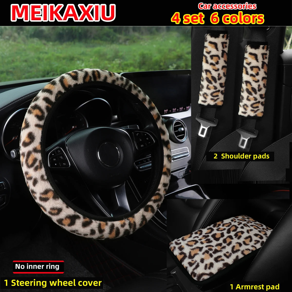 4-Piece Winter Plush Steering Wheel Cover Leopard Print Comfortable Car Rimless Shoulder Cover Armrest Pad Set