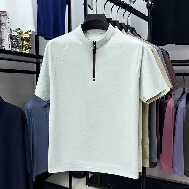 Men's Half-Zip Mandarin Tee - Cool-Touch Raglan, Breathable Knit