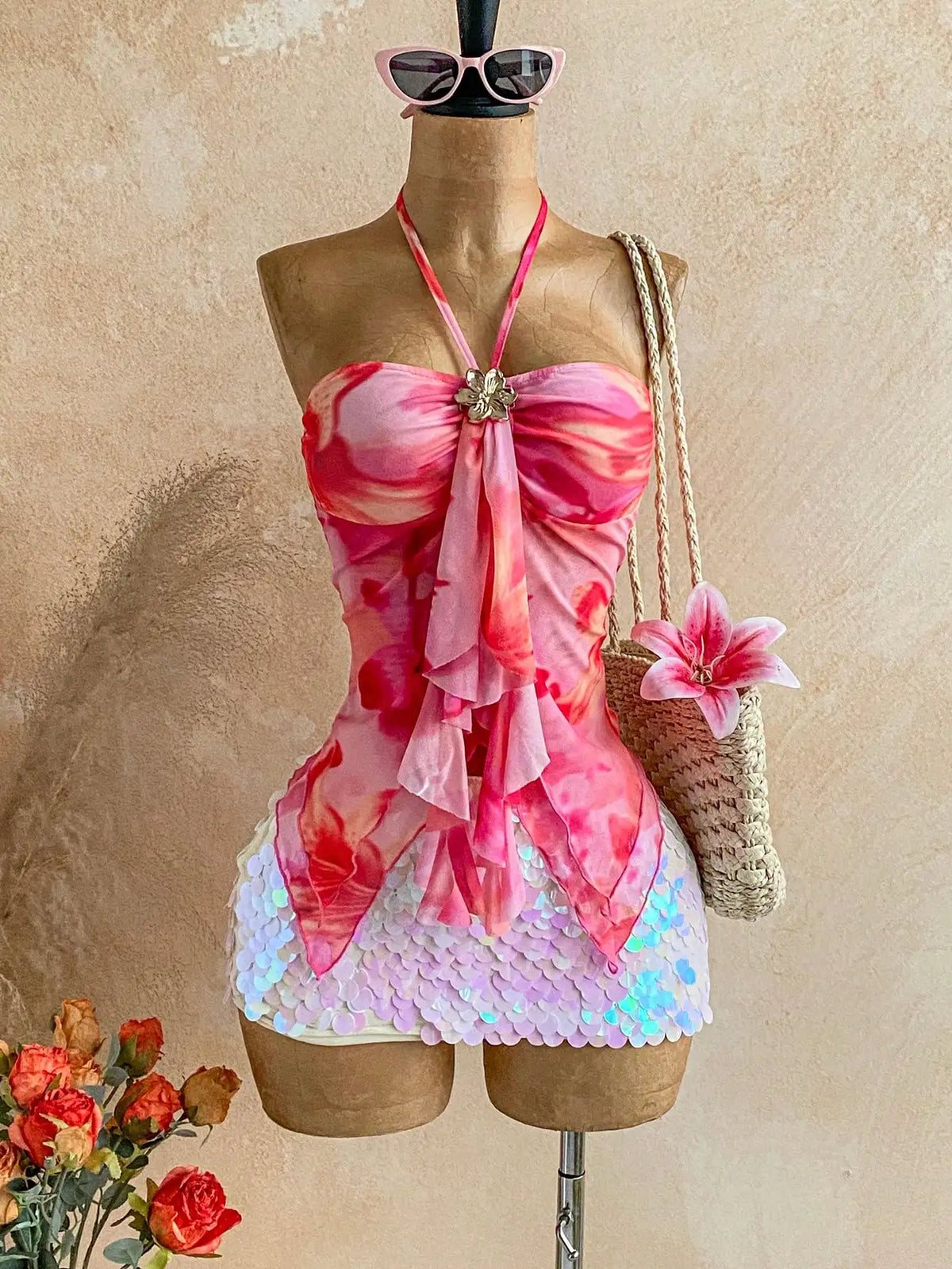 Women's floral tie-neck off-shoulder halter camisole — view 6 of 11