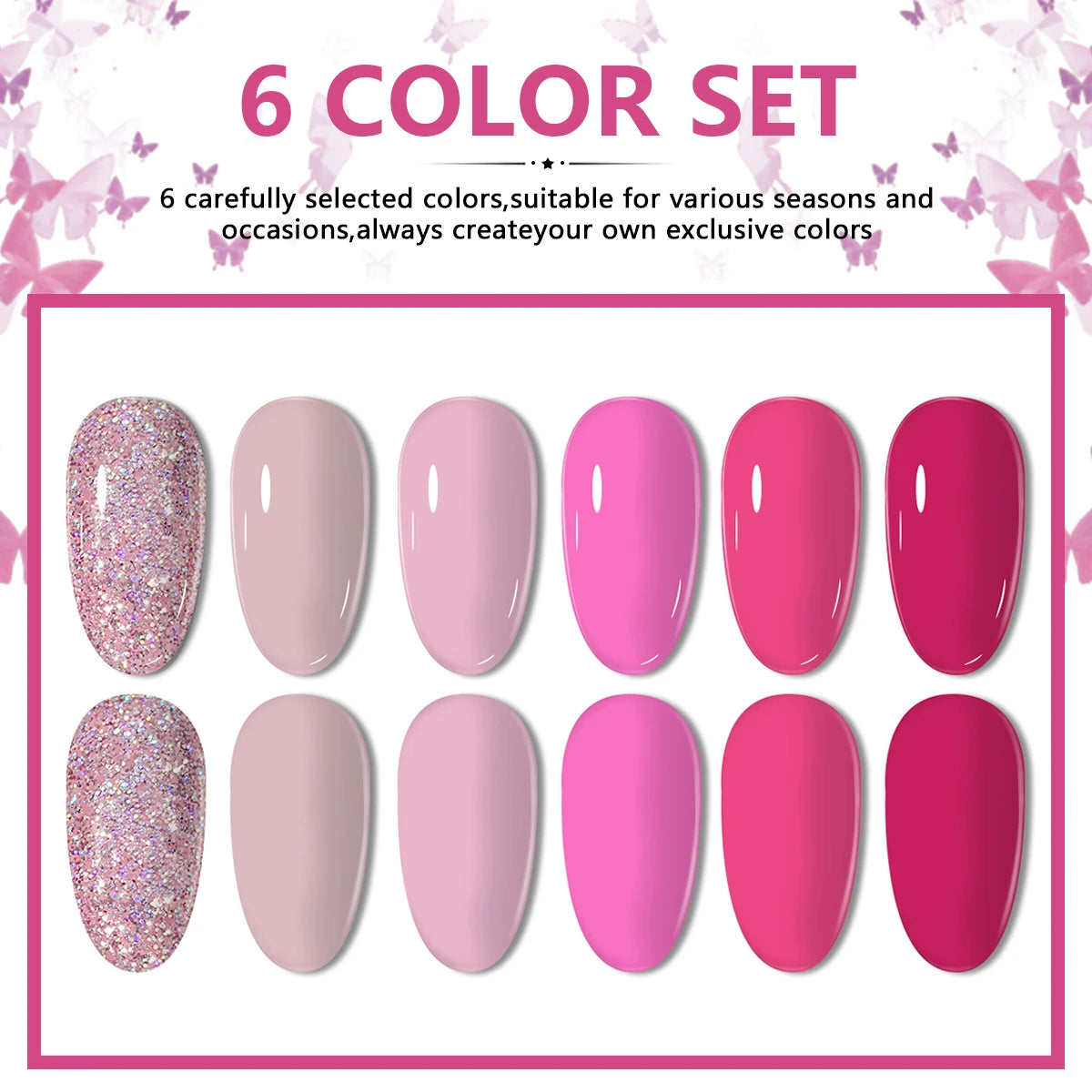 Pink Gel Nail Polish Set - 6pcs All Season Gel Nail Polish Set, UV Gel Polish, Hypoallergenic, Shimmery Finish - Suitable for Na