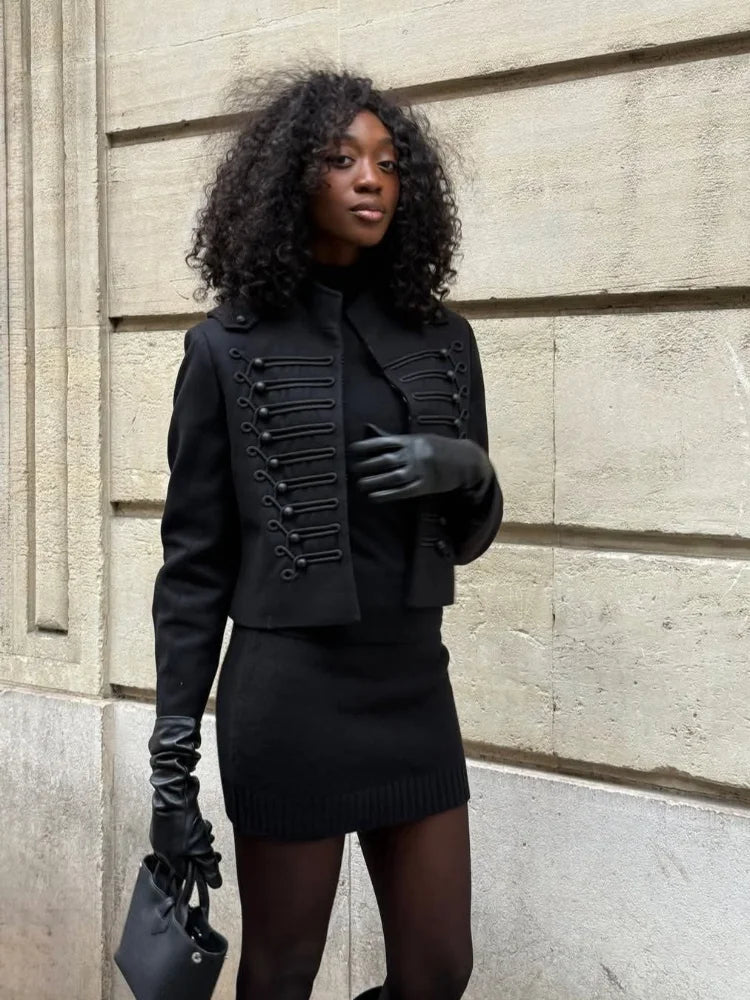 Women Retro Black Short Military Jacket Fashion Long Sleeve Stand Collar Slim Crop Jackets 2026 Lady Spring Street Outerwear