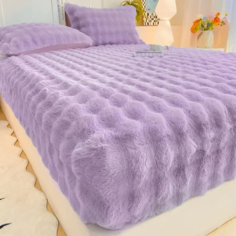 Fluffy Plush Fitted Bed Sheet for Winter Solid Color Rabbit Fleece Bed Sheets on Elastic Winter Warm Thicken Mattress Protector