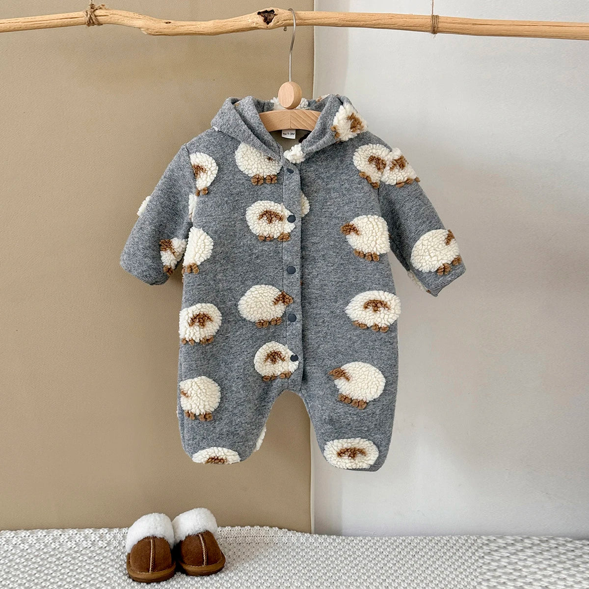 Baby Lamb Embroidered Hooded Romper - Soft Button-Front Onesie - photo 4