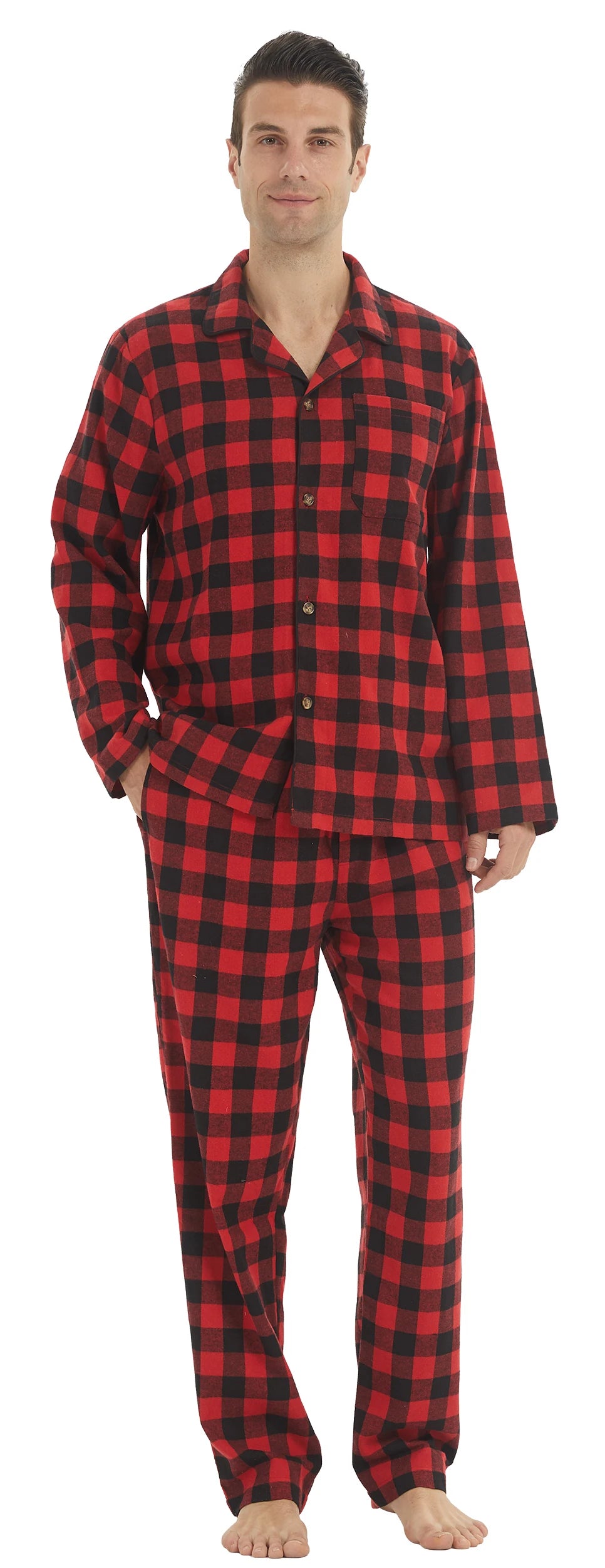 Men's Flannel Plaid Pajama Set - Button Shirt & Pants with Pockets