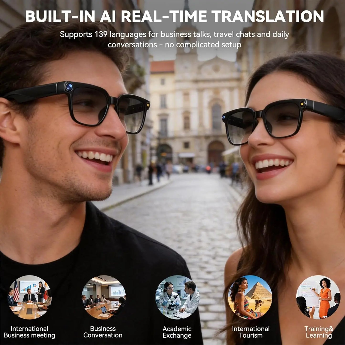 AI smart glasses with cameras, 8-megapixel camera glasses, 1080P stabilized video recording glasses, real-time translation, AI voice assistant, object recognition, men's and women's Bluetooth sunglasses (color-changing), life