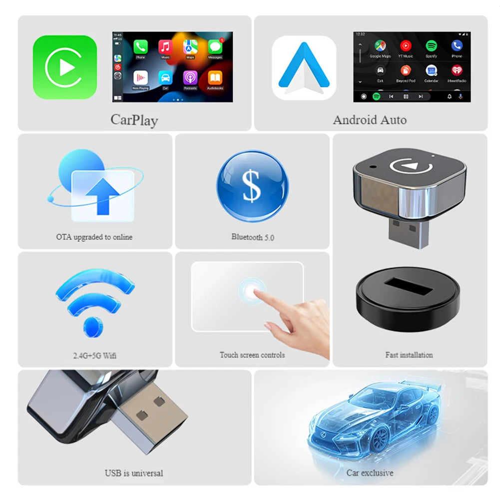 2-in-1 Wireless CarPlay & Android Auto Adapter — USB Smart Dongle, Auto-Connect, Plug and Play