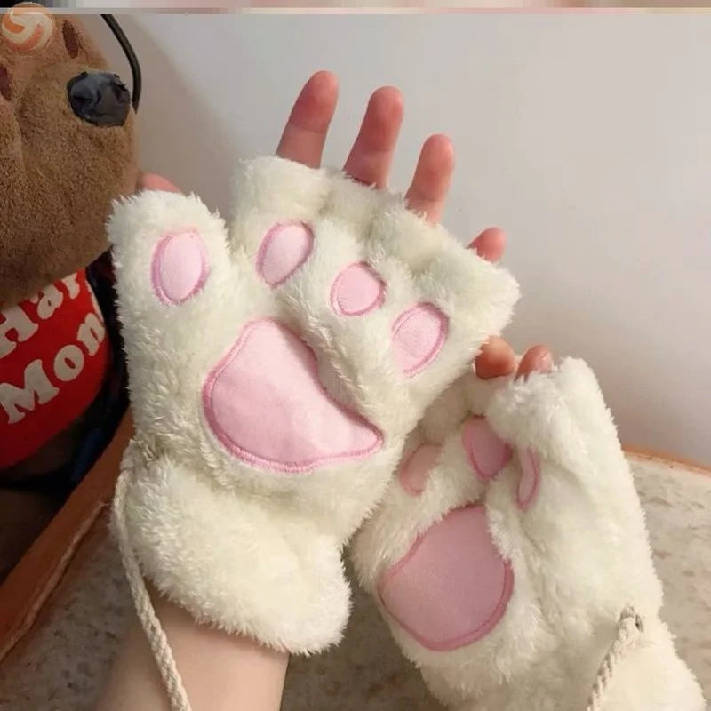 Women's Cat Paw Plush Mittens, Fingerless