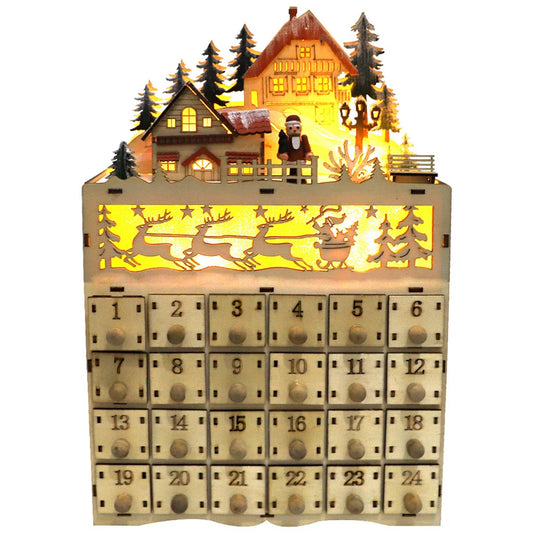 Wooden Advent Calendar Village House - LED Christmas Countdown with Drawers