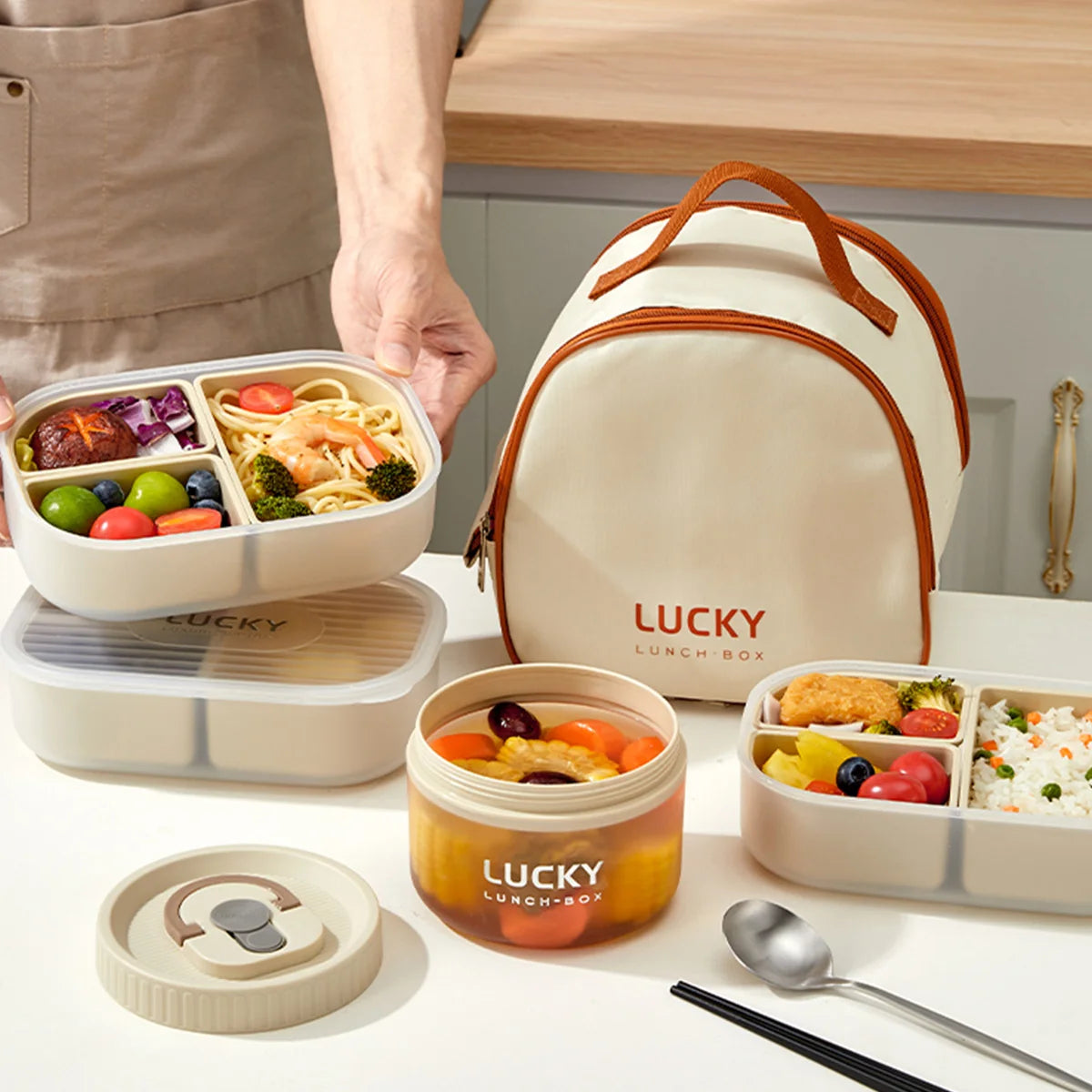 WORTHBUY 3 Grids Microwave Plastic Lunch Box Portable Detachable Fruit Bento Box Stackable Food Container For School Office
