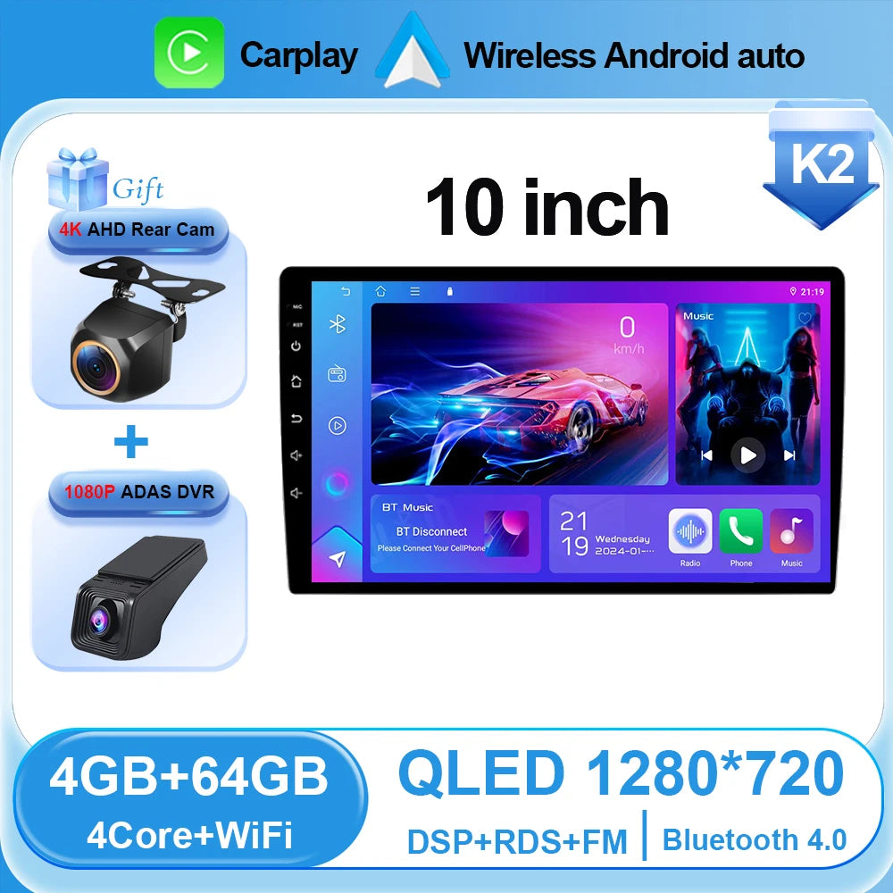 Universal 2-DIN Android Car Stereo (9"/10") — CarPlay, Android Auto, GPS, QLED Screen, Bluetooth
