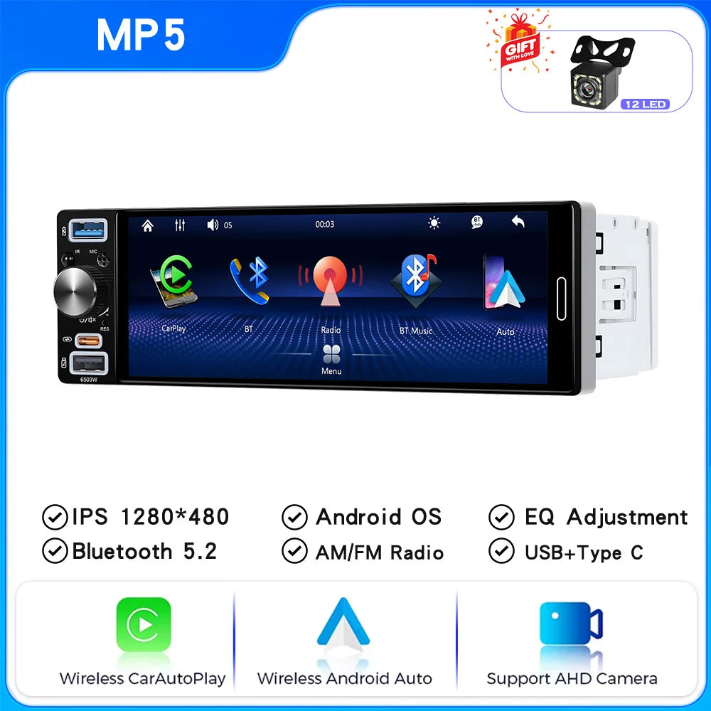 6.5" 1 DIN Universal Car Stereo with Apple CarPlay & Android Auto (MP5)