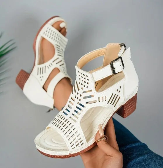 Roman Block-Heel Sandals for Women — Breathable Hollow-Out Retro Summer Heels