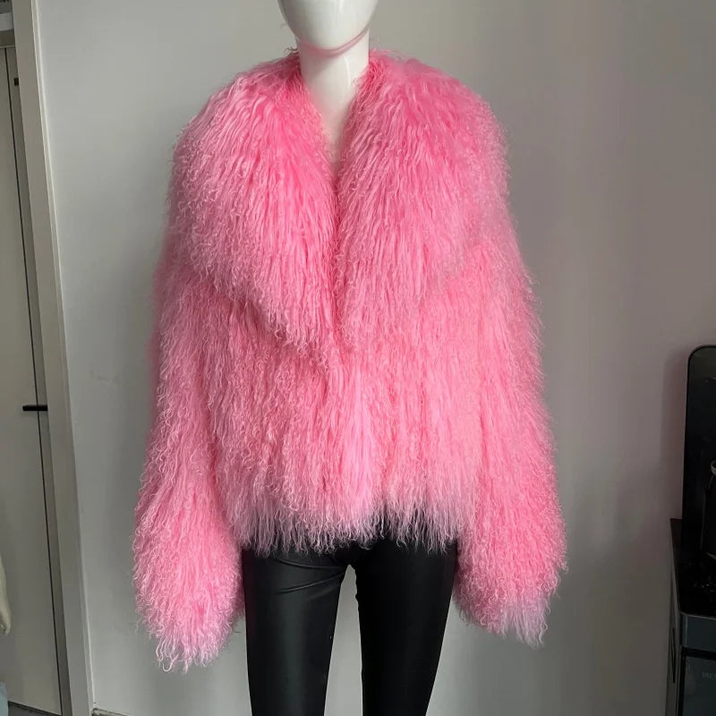 Women's Mongolian Sheep Fur Coat, Turn-Down Collar