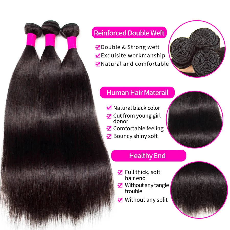 Silky Straight Bundles Human Hair Remy Brazilian Hair Extensions 1/3/4 PCS Natural Black Hair Weave Bundles 14-30 Inches