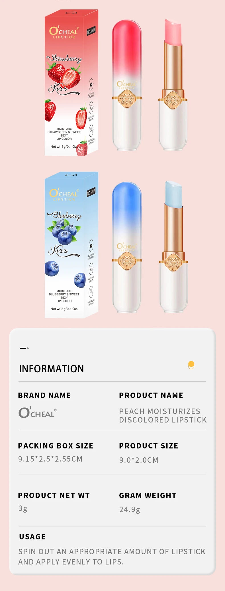 O'CHEAL Color Changing Fruit Lip Balm – Moisturizing Waterproof Temperature Changing Lipstick | Strawberry, Blueberry & Peach