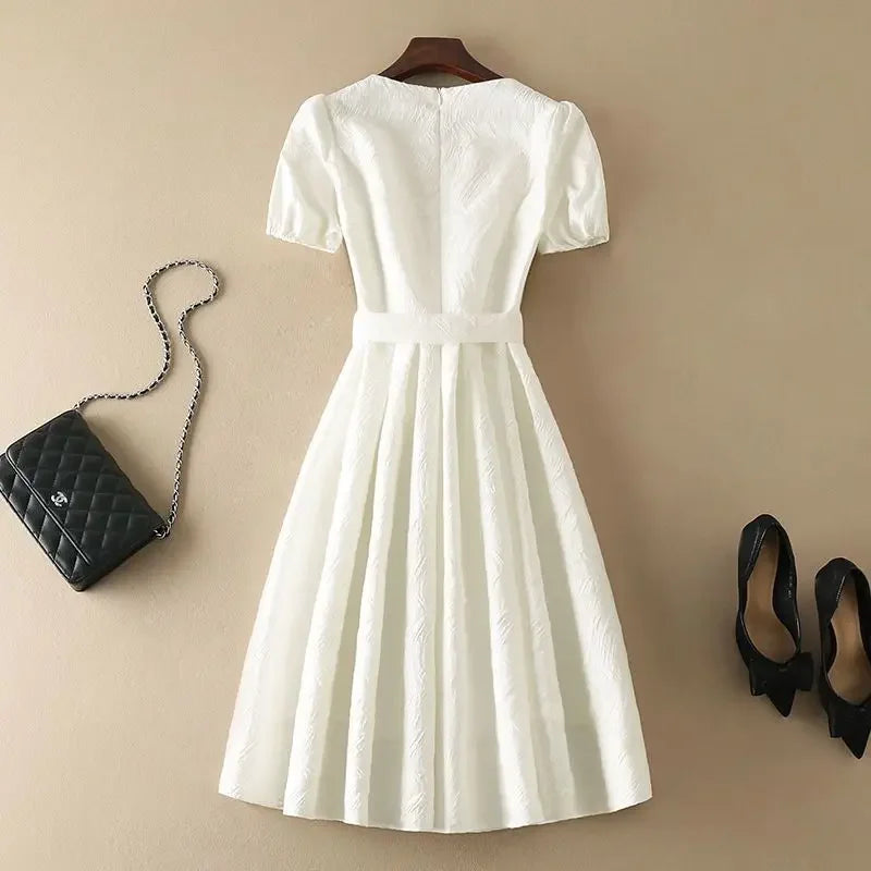 Women's White Midi Party Dress - Elegant Bow Evening Dress