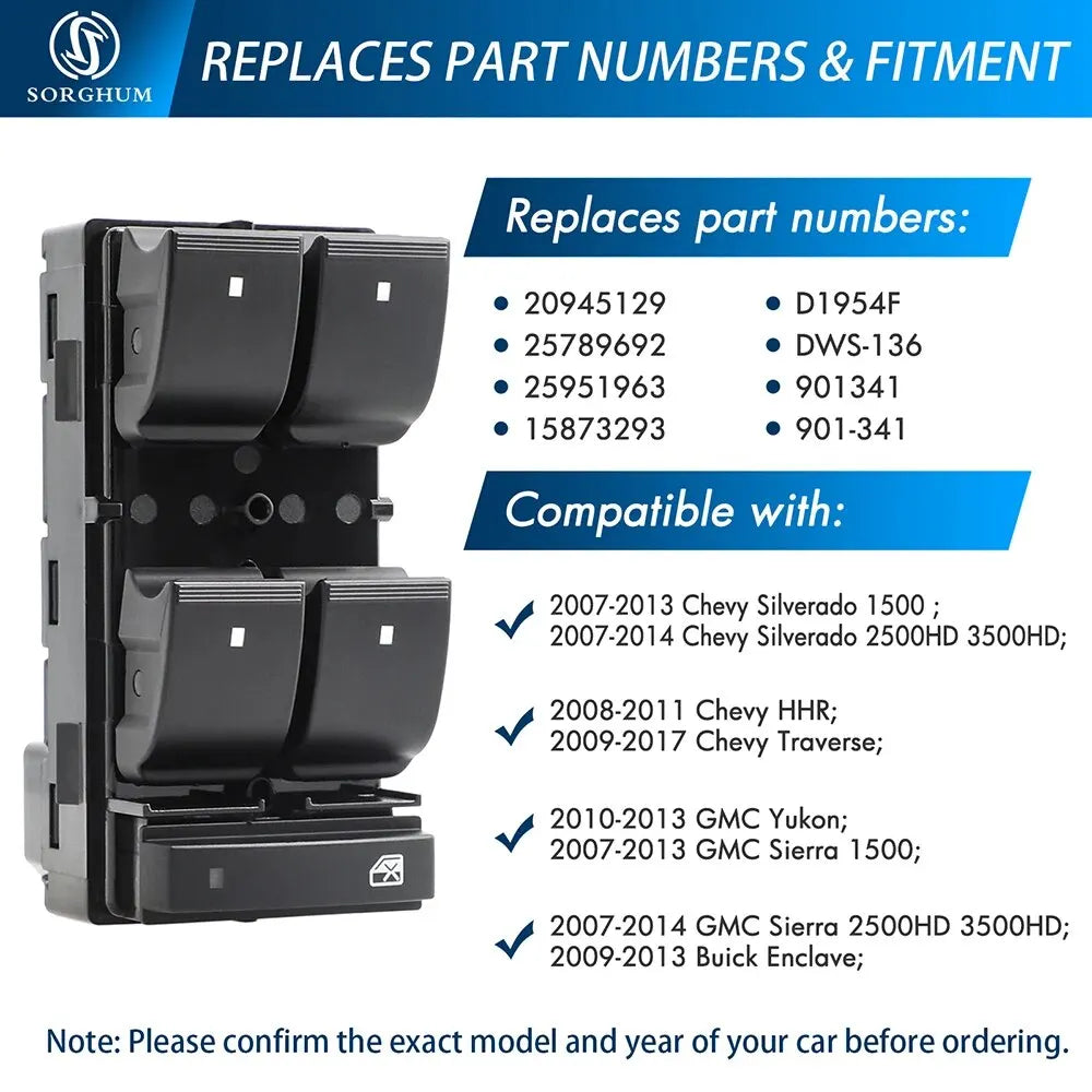 Front Left Power Window Switch — Chevrolet Silverado & GMC Sierra / Traverse / Yukon / Buick