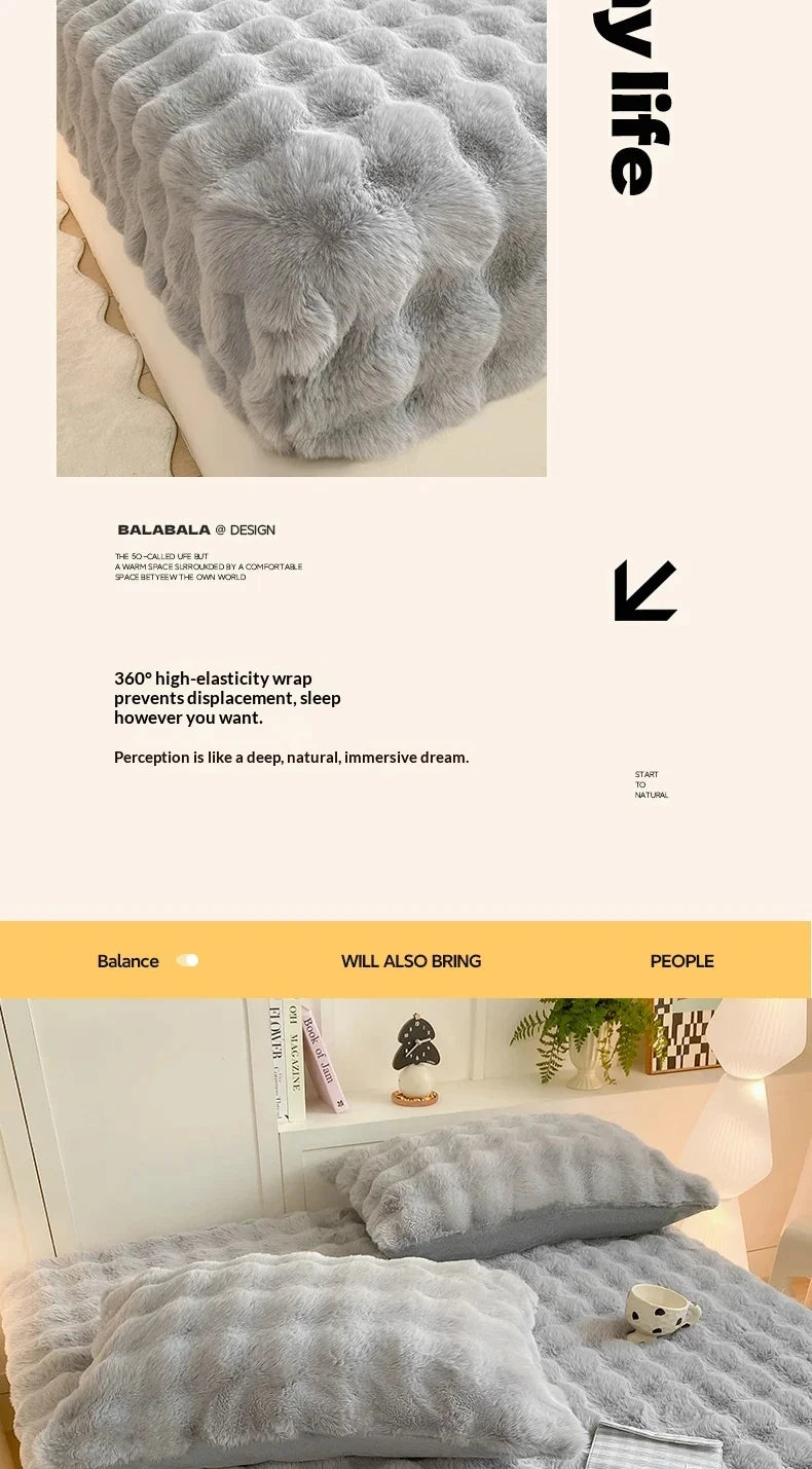 Fluffy Plush Fitted Bed Sheet for Winter Solid Color Rabbit Fleece Bed Sheets on Elastic Winter Warm Thicken Mattress Protector