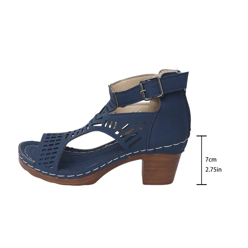 Roman Block-Heel Sandals for Women — Breathable Hollow-Out Retro Summer Heels