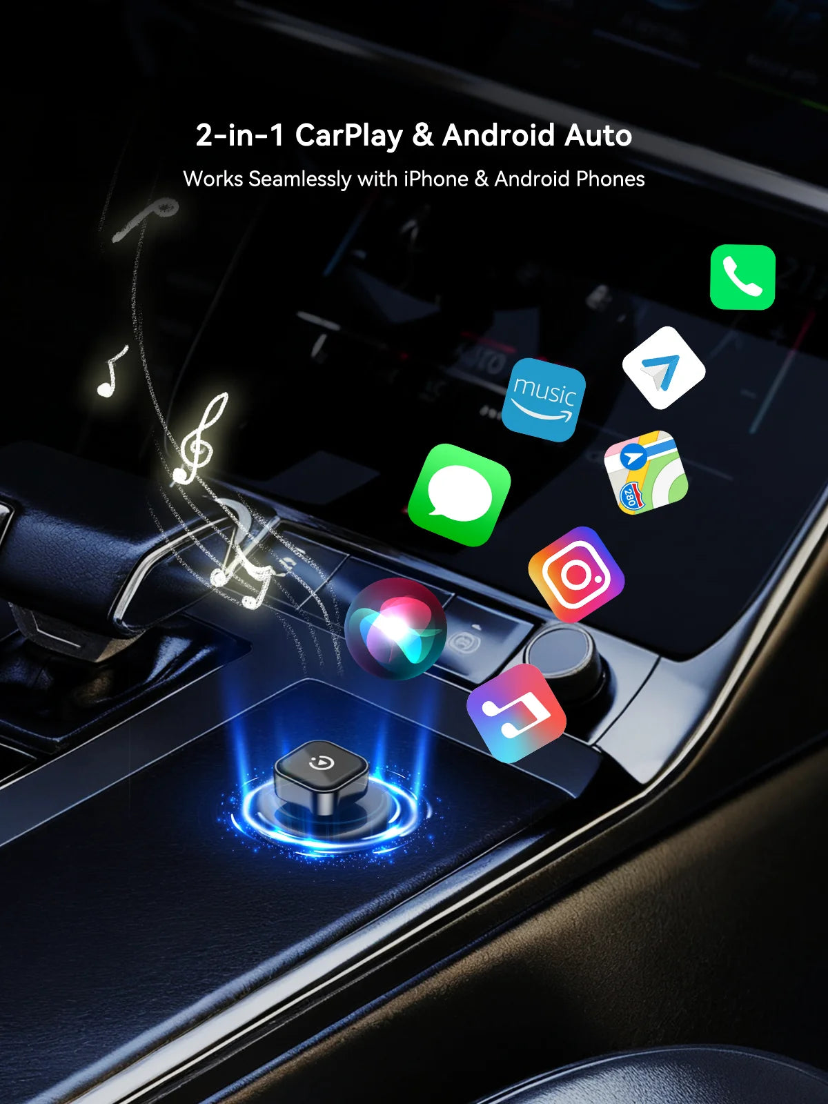 2 IN 1 Wireless CarPlay & Android Auto Dongle Fast Auto-Connect Compact Plug & Play for iPhone Android, USB A/USB-C No Delay