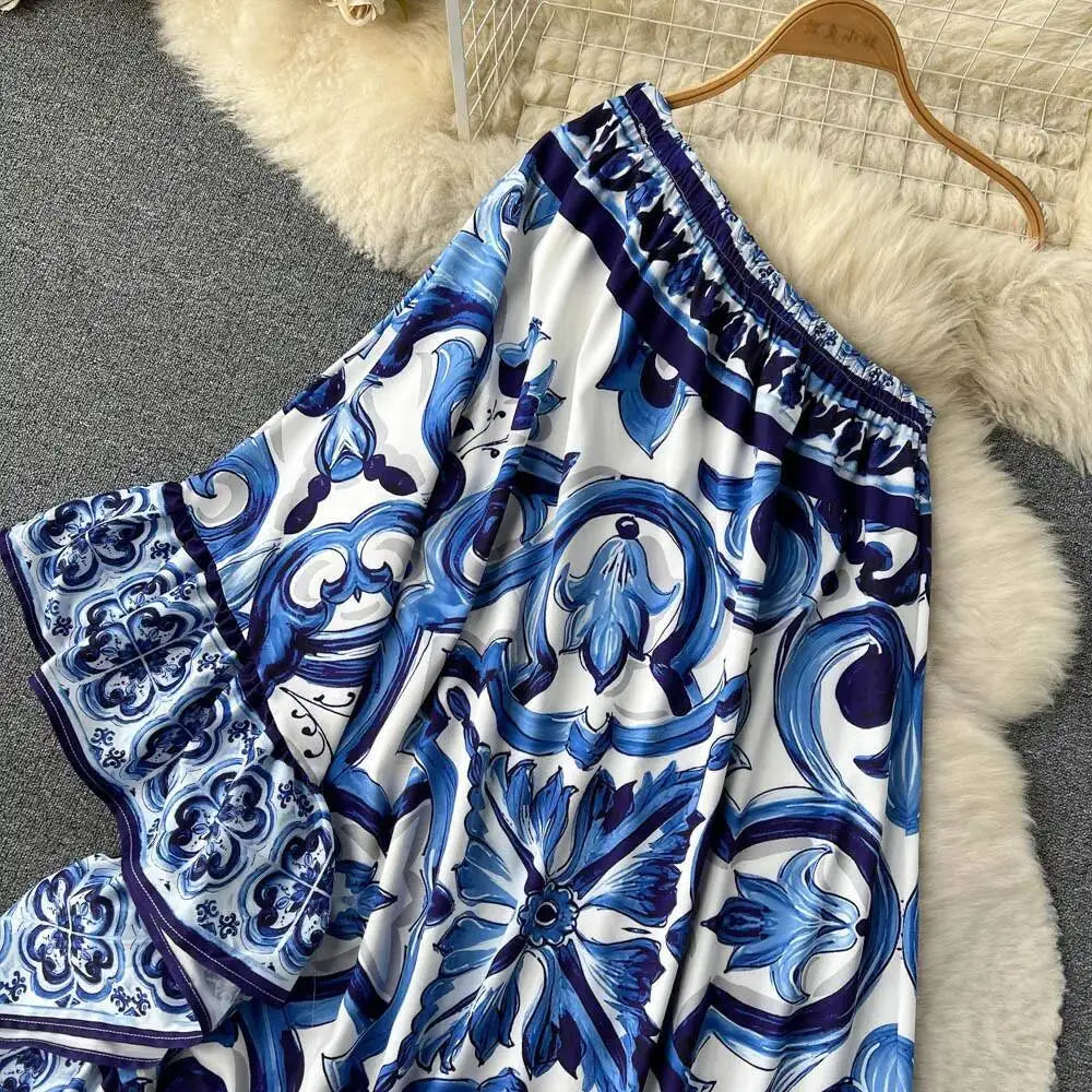 Summer Long Dress Women Runway Blue And White Porcelain Asymmetry Sexy Off The Shoulder Ruffles Hem Loose Robe Maxi Vestidos