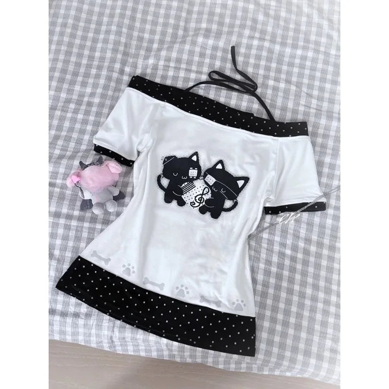 Women's Vintage Harajuku V-Neck Backless Crop T-Shirt – Grunge Y2K Patchwork Subculture Tee