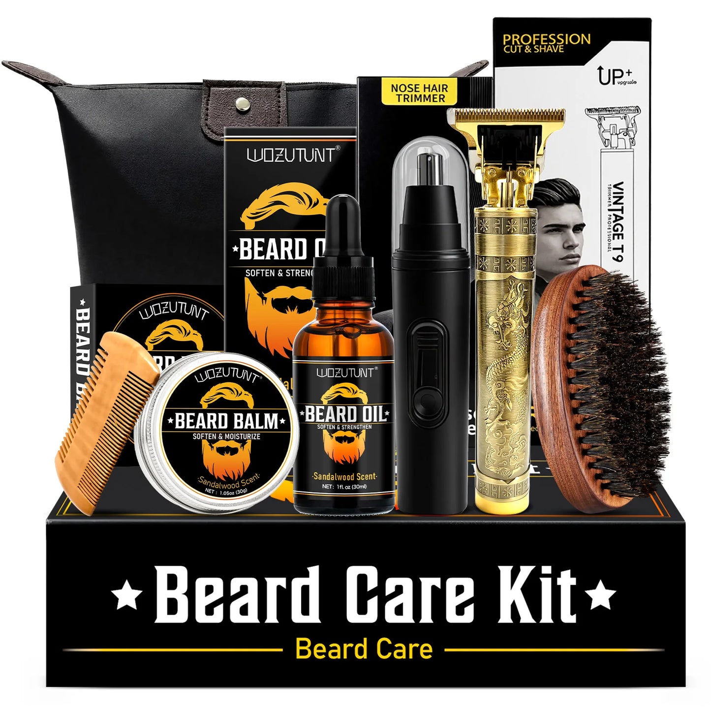 Men's Beard Grooming Kit — T9 Trimmer, Oil, Balm, Brush & Comb