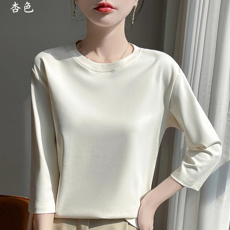 Women's Mercerized Cotton T-Shirt — Loose Round-Neck Half-Sleeve Top