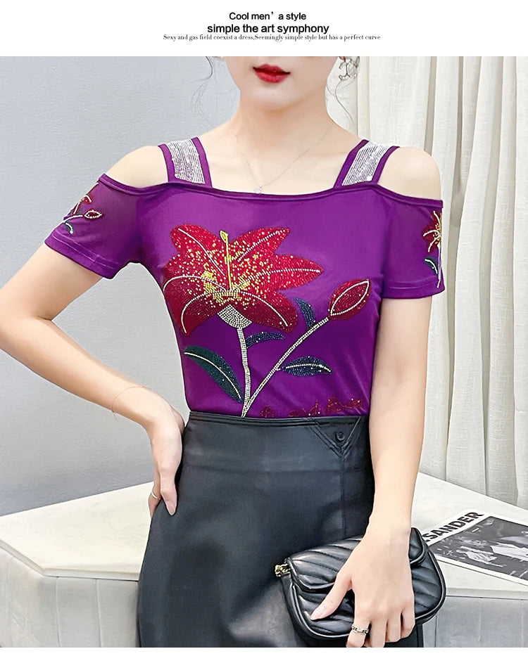 Women's Off-Shoulder Rhinestone Mesh Top