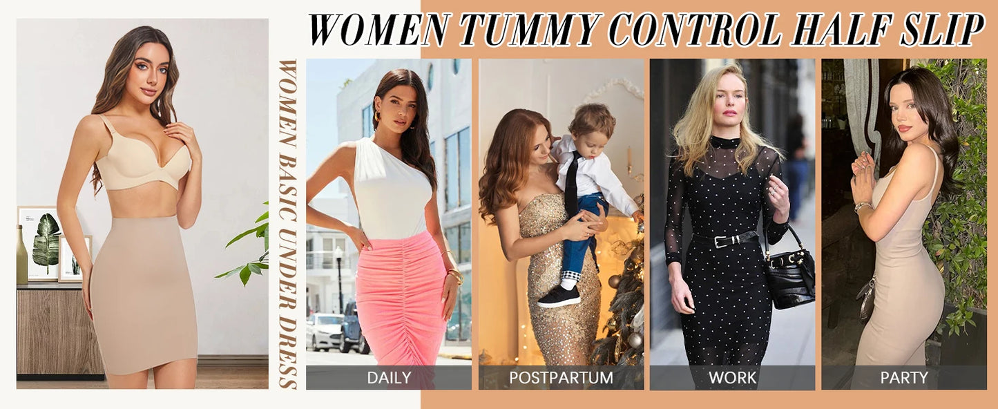 Women Above Knee Underskirt Half Slips for Dress Shapewear Body Shaper Seamless Smooth Tummy Control Underwear Short Skirt